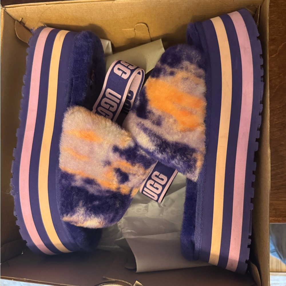 UGG Purple and Orange Platform Sandals with Fuzzy Upper and Wide Strap